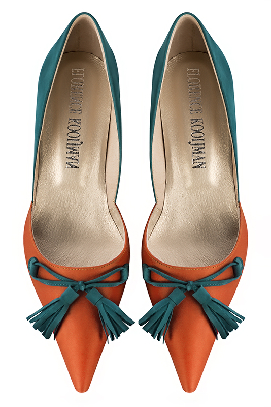 Clementine orange and peacock blue women's open arch dress pumps. Pointed toe. Low comma heels. Top view - Florence KOOIJMAN